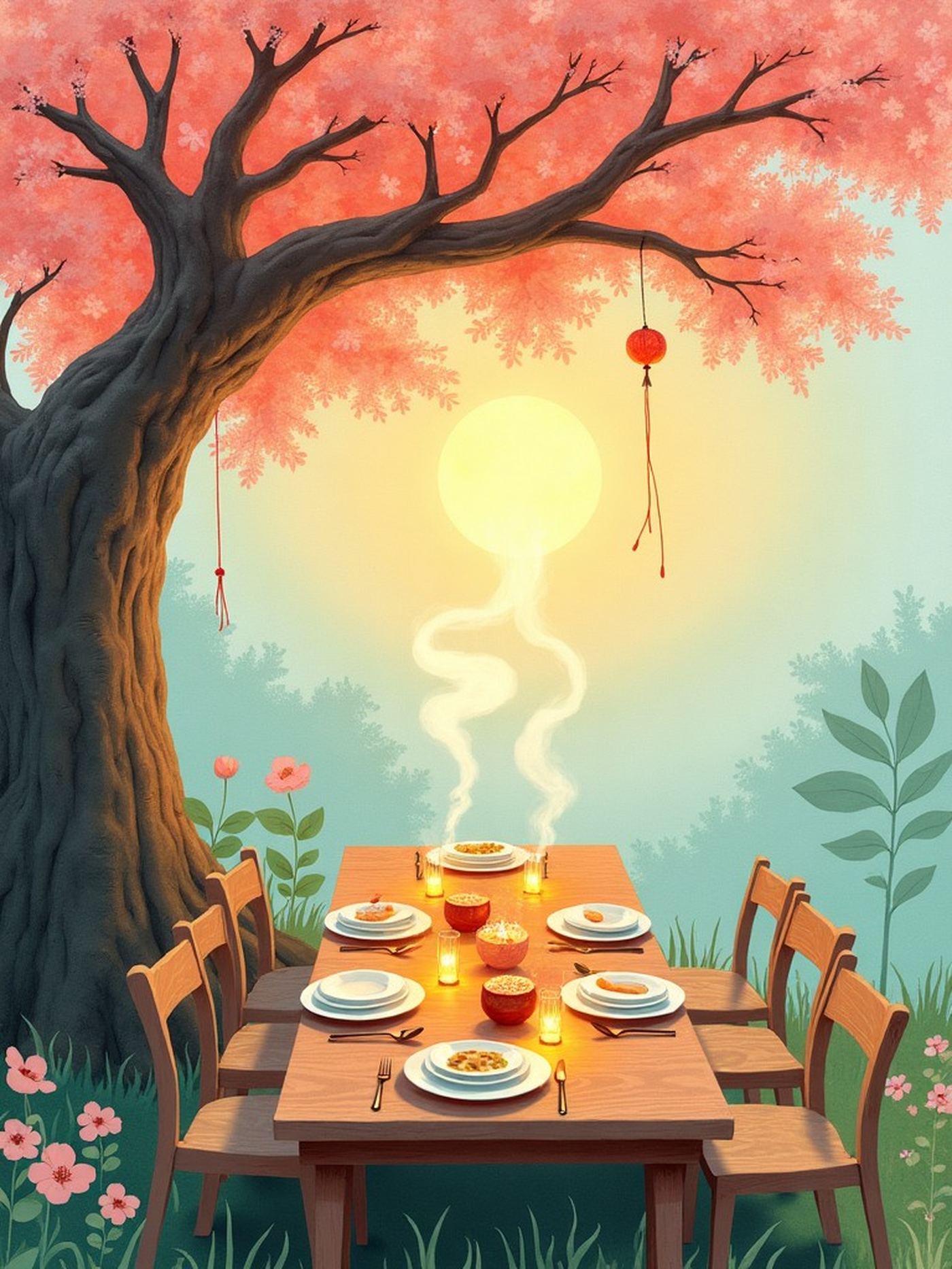 Illustration de La Table des Sens : une table dressée sous un arbre en fleurs au coucher du soleil